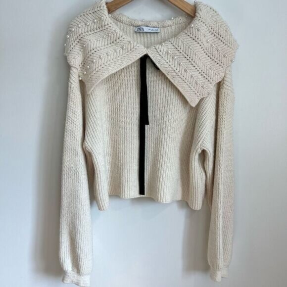 Zara Sweaters - Zara Womens Large Beaded Embellished Collar Pullover Sweater Ecru Cream Twee Tie